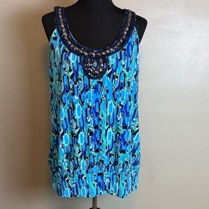 Fashion Bug Blue & Black Abstract Print Sleeveless Top w Beaded Scoop Neckline